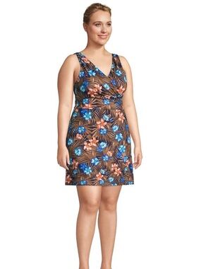 Lands' End SlenderSuit Wrap Swim Dress in Tropical Floral Print, Women's 14D